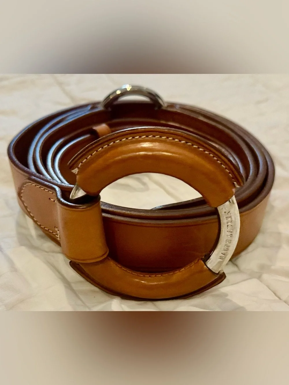 RALPH LAUREN Leather O-Ring Double Wrap Belt Equestrian Tan Brown Large